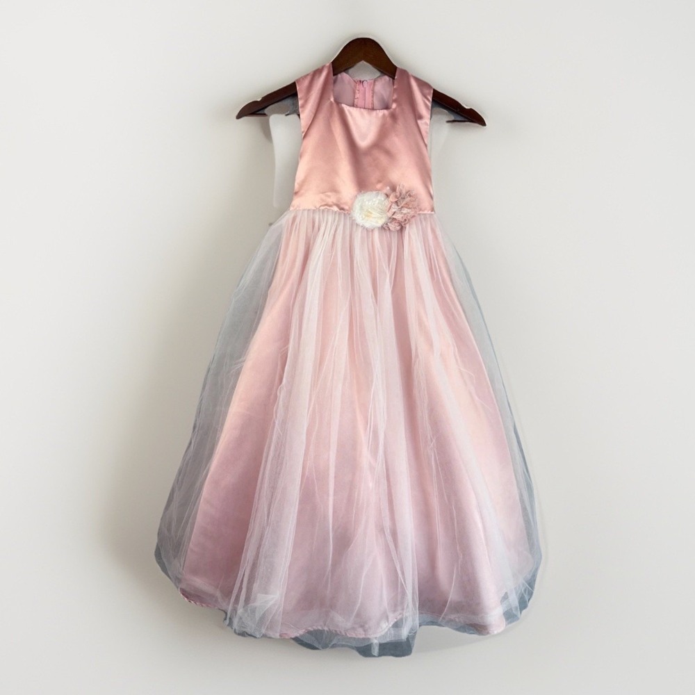 Girls Chiffon Tulle Pink Dress 6 Long Sleeveless Fancy Satin Easter Wedding Read
